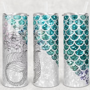 20 or 30oz Skinny Tumbler, Mermaid, Scales, Tail, Sublimation, Skinny, Straight, Lid with Straw, Double Walled
