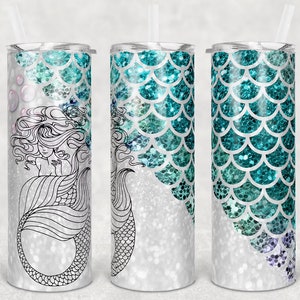 20 or 30oz Skinny Tumbler, Mermaid, Scales, Tail, Sublimation, Skinny, Straight, Lid with Straw, Double Walled