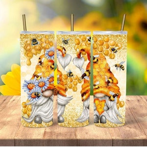 20 or 30oz Skinny Tumbler, Skinny, Tumbler, Bee, Gnome, Honeycomb, Sublimation, Double Walled, Lid with Straw, Cute, Gnomes
