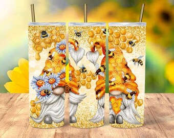 20 or 30oz Skinny Tumbler, Skinny, Tumbler, Bee, Gnome, Honeycomb, Sublimation, Double Walled, Lid with Straw, Cute, Gnomes