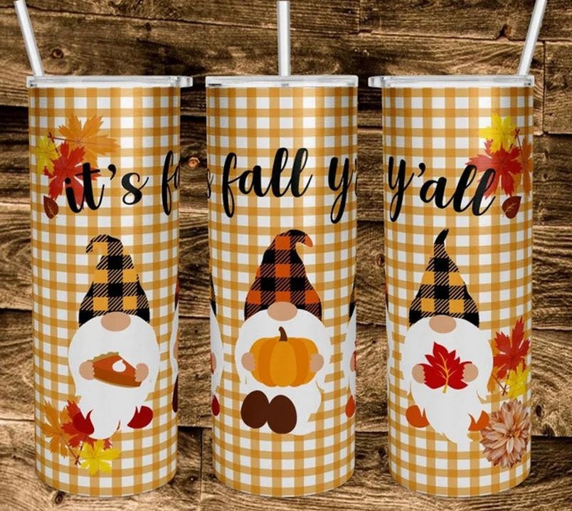20 or 30oz Skinny Tumbler | Plaid | Gnome | Fall Yall | Fall | Tumbler ...