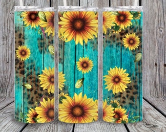 20 or 30oz Skinny Tumbler, Sunflower, Leopard, Tea Wood, Sublimation, Skinny, Straight, Lid with Straw, Double Walled
