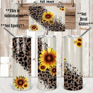 20 or 30oz Skinny Tumbler, Sunflower, Cheetah, White Wood, Sublimation, Skinny, Straight, Lid with Straw, Double Walled