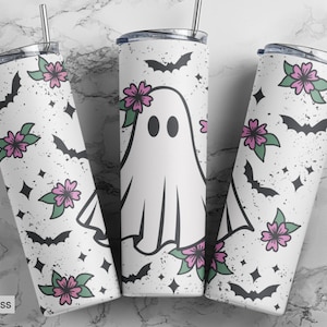 20oz or 30oz Skinny Tumbler | Ghost | Halloween | Bats | Skinny | Spooky | Spooky season | Flowers | White |  Cute