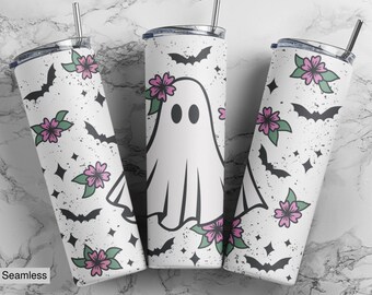 20oz or 30oz Skinny Tumbler | Ghost | Halloween | Bats | Skinny | Spooky | Spooky season | Flowers | White |  Cute
