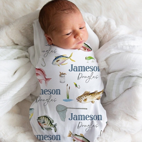 Personalized Minky Fishing Blanket for Baby Boy | Vintage Fishing Blanket | Fishing Baby Shower Gift | Custom Name Blanket | Fishing Nursery