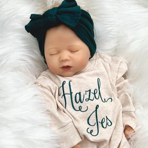 Embroidered Personalized Bubble Romper | Beige Coming Home Outfit | Embroidered Baby Outfit | Baby Knotted Gown Romper With Headband Footie