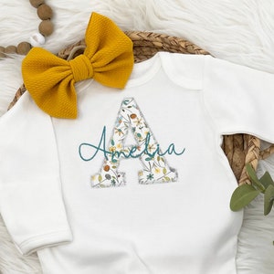 Personalized Wildflower Baby Girl Outfit | Custom Baby Girl Gown and Bow | Girl Coming Home Outfit | Baby Shower Gift | Sleeper with footie
