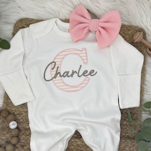 Baby Girl Coming Home Outfit, Pink Striped Baby Outfit, Monogrammed Romper, Personalized Baby Gift, Monogrammed Sleeper, Newborn Pictures