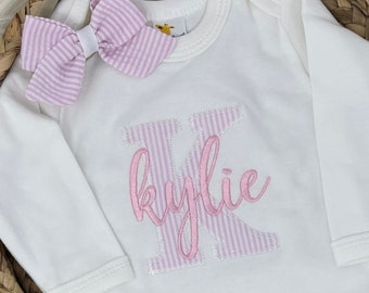 Newborn Girl Coming Home Outfit Newborn Girl Clothes Pink Seersucker Girl Outfit Personalized Baby Girl Outfit Baby Girl Monogrammed Footie