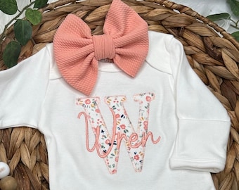 Personalized baby footie and bow | Custom name coming home outfit | Spring Floral Initial baby girl outfit, baby shower gift | boho baby set