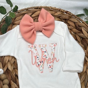 Personalized baby footie and bow | Custom name coming home outfit | Spring Floral Initial baby girl outfit, baby shower gift | boho baby set