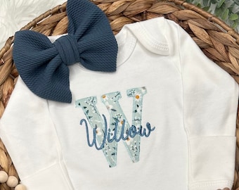 Personalized baby girl gown and bow set | Vintage floral infant coming home outfit | Baby shower gift | Teal Floral Girl Outfit