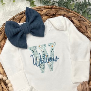 Personalized baby girl gown and bow set | Vintage floral infant coming home outfit | Baby shower gift | Teal Floral Girl Outfit