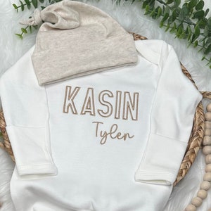 Personalized neutral baby romper and hat set |  baby boy coming home outfit | Baby shower gift | tan and white sleeper | footie baby outfit