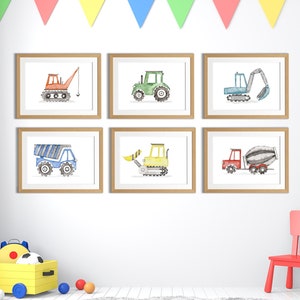 Construction Vehicle Prints | Kids Wall Art | Set of 6 Wall Art | Transportation Print Nursery | Watercolor Vehicle  Playroom Wall Art Print