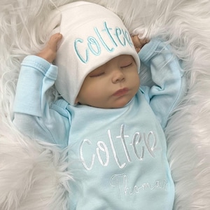 Personalized baby blue boy romper with bow, custom baby coming home outfit, baby shower gift, boy sleeper with footies, monogrammed baby set
