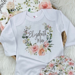 Baby Girl Coming Home Oufit Watercolor Red Rose Personalized Floral Baby Gown Set  Custom Baby Name Blanket Baby Girl Hospital Outfit