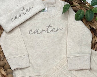 Baby Coming Home Outfit | Oatmeal Gender Neutral Embroidered Thin Pullover | Personalized with Name | Unisex- Custom - Infant- Newborn- Baby
