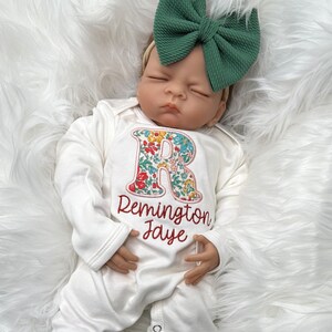 Personalized baby girl gown and bow set | Vintage floral newborn girl coming home outfit | Baby shower gift | Rust and Jade Baby Girl Outfit