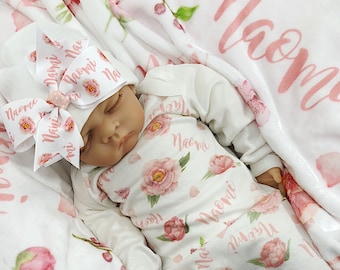 Personalized Floral Baby Gown Baby Coming Home Outfit Blush Baby Gown with hat Hospital Outfit Boho Peony Baby Clothes Newborn Baby Swaddle