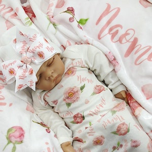 Personalized Floral Baby Gown Baby Coming Home Outfit Blush Baby Gown with hat Hospital Outfit Boho Peony Baby Clothes Newborn Baby Swaddle