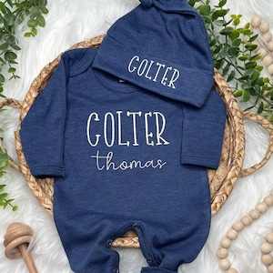 Personalized blue baby romper and hat set, custom infant boy coming home outfit, baby shower gift, sleeper with footies, Baby Boy Outfit Set