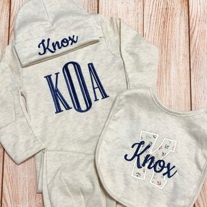 Personalized Neutral Baby Gown and Hat Set Baby Shower Gift Monogram Baby Custom Infant Boy Coming Home Outfit Baby Hospital Outfit for Boy