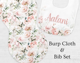 Dusty Rose Floral Personalized Bib and Burp Cloth Set | Newborn Gift | Baby Shower Gift | Custom Name Gift Pastel Floral Hummingbird