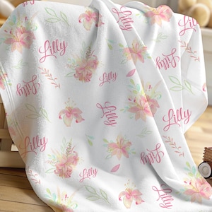 Personalized Baby Name Blanket - Pink Lily Floral Swaddle for Newborn, Boho Nursery Decor & Baby Shower Gift for Girl, Hospital Photo Outfit