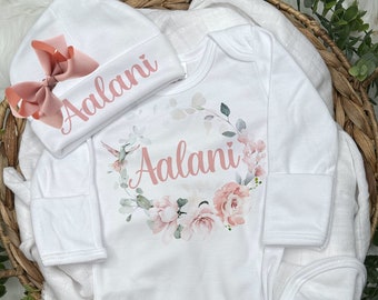 Personalized Girl Gown and Hat | Newborn Girl Coming Home Outfit | Baby Girl Clothes | Baby Girl Gift | Newborn Outfit | Baby Shower Gift