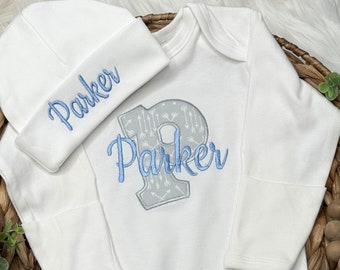 Baby boy coming home outfit, newborn boy outfit, monogrammed footie, baby shower gift, Romper and hat set, newborn boy going home outfit