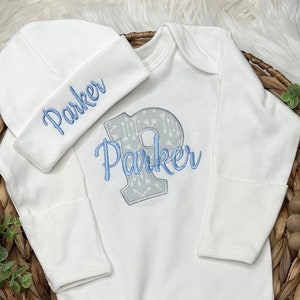 Baby boy coming home outfit, newborn boy outfit, monogrammed footie, baby shower gift, Romper and hat set, newborn boy going home outfit