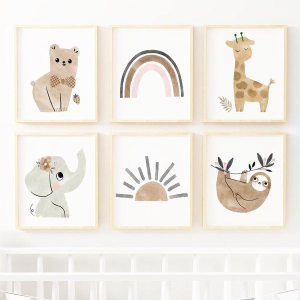 Boho Nursery Decor Set of 6 Boho Kids Room Art Neutral Color Print Modern Nursery Wall Art Animals Sun Rainbow Nursery Printable Wall Art