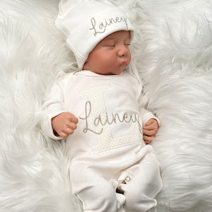 Personalized baby romper and hat | Gender Neutral coming home outfit | Minimalist baby outfit | baby shower gift | White and Taupe baby set
