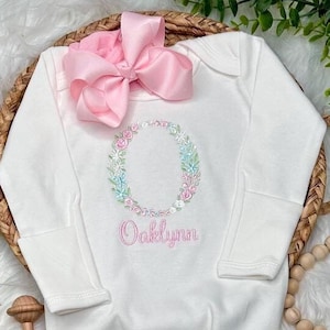 Baby girl coming home outfit, Floral Embroidery Bubble, Light Pink Bow/Headband, Monogrammed Romper, Pima Cotton, Personalized, toddler size