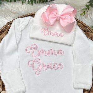 Personalized Baby Girl Outfit | Coming Home Outfit | Embroidery Bubble Pink, Pink Bow and Hat | Monogrammed Romper | Baby Gift for Girl