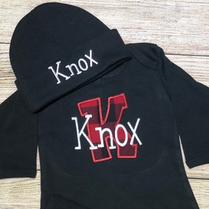 Personalized Buffalo Plaid Baby boy coming home outfit boy, monogram baby gown and hat, custom baby gown boy, personalized baby hat, newborn