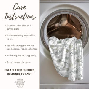 a white washing machine with a floral print towel hanging inside. The text provides care instructions for washing the towel, including using cold water, gentle cycles, mild detergent, and avoiding harsh chemicals.