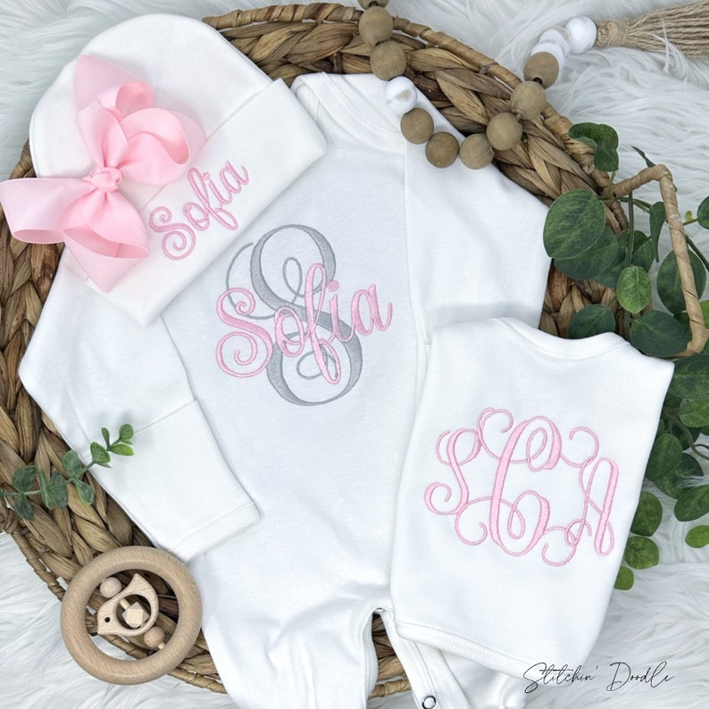 Baby Girl Coming Home OUTFIT, Personalized Baby Take Home Outfit, Pink Personalized Baby Outfit, Personalized Newborn image 2