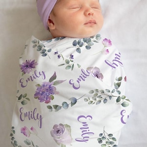 Floral Purple Rose Swaddle Blanket-Personalized Gown and Hat-Personalized Baby Shower Gift-Coming Home Swaddle-Hospital Newborn Photo Prop