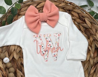 Custom infant monogrammed coral baby bow headband newborn coming home outfit hospital photo