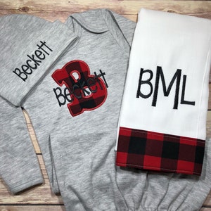 Personalized Buffalo Plaid Baby boy coming home outfit boy, monogram baby gown and hat, custom baby gown boy, personalized baby hat, newborn