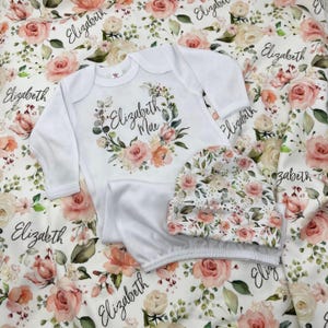 Floral Rose Swaddle Blanket Hat Set / Personalized Baby Shower Gift / Hospital Newborn Photos Prop / Personalized Baby Blanket for Girl