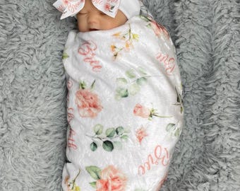 Personalized Floral Baby Name Blanket, Custom Swaddle Shower Gift