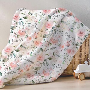Personalized Baby Blanket | Pink Rose Floral Nursery Blanket with Name | Baby Girl Gift | Blush Rose Swaddle Blanket | Baby Shower Present