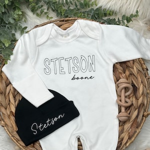 Personalized neutral baby romper and hat set, custom infant boy coming home outfit, baby shower gift, sleeper with footies, baby boy sleeper