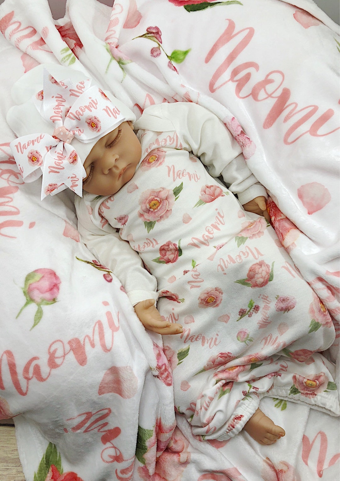 Personalized Floral Baby Gown Baby Coming Home Outfit Blush Baby Gown