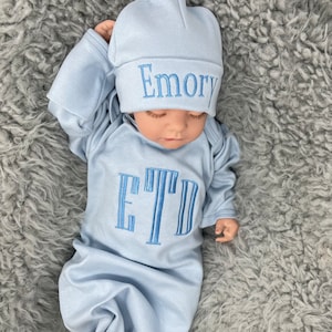 Newborn Boy Coming Home Outfit | Light Blue Newborn Baby Romper Footie | Monogram Initial | With Fold-over Mittens and Feet | Baby Hospital