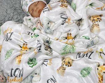 Safari Baby Blanket,  Baby Name Blanket, Personalized Baby Boy Blanket, Baby Boy Coming Home Outfit, Zebra Blanket, Baby Gown Set